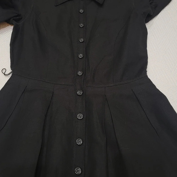 Oscar De La Renta Linen Blend Black Dress Button Front Flare 3/4 Sleeve Size 4 - Picture 5 of 16